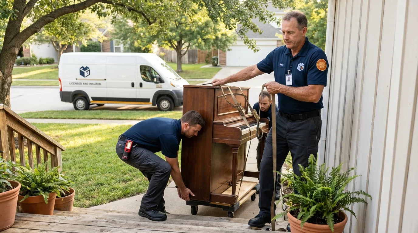 Licensed piano movers securing grand piano in Breckenridge, MN