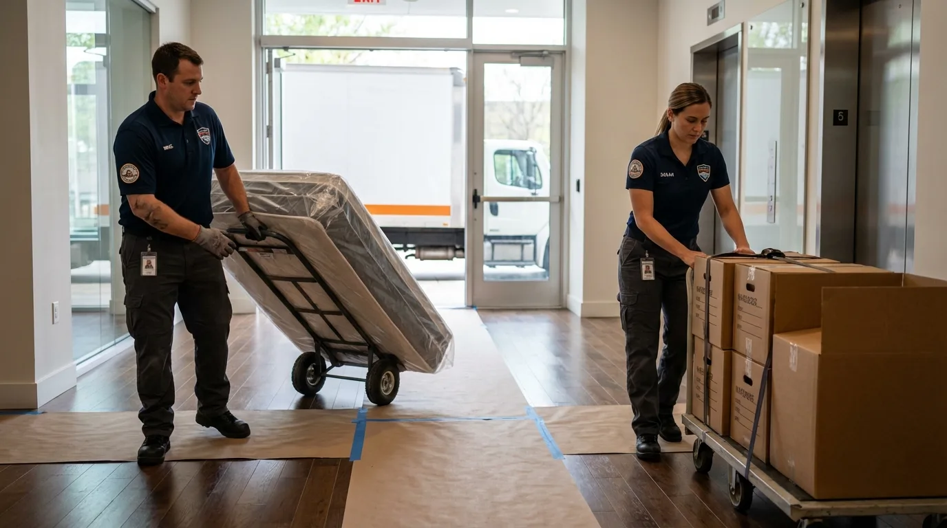 Professional apartment movers loading elevator in Breckenridge, MN